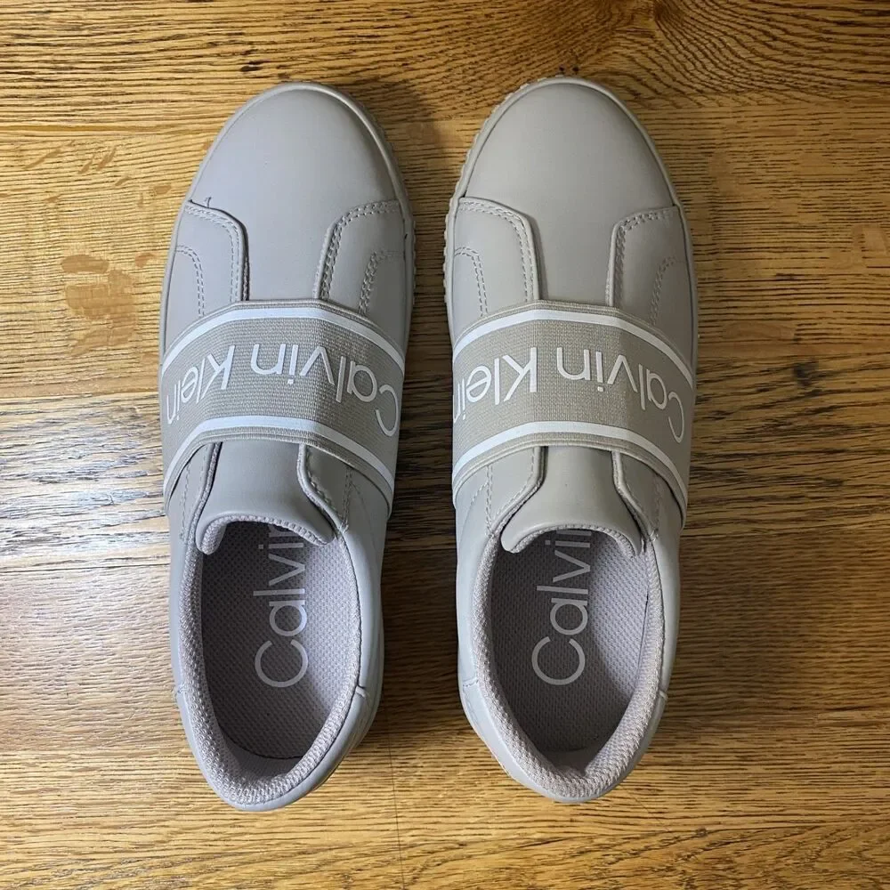 Calvin Klein Womens Clairen Slip On Sneakers Size 7 Light Gray Faux Leather